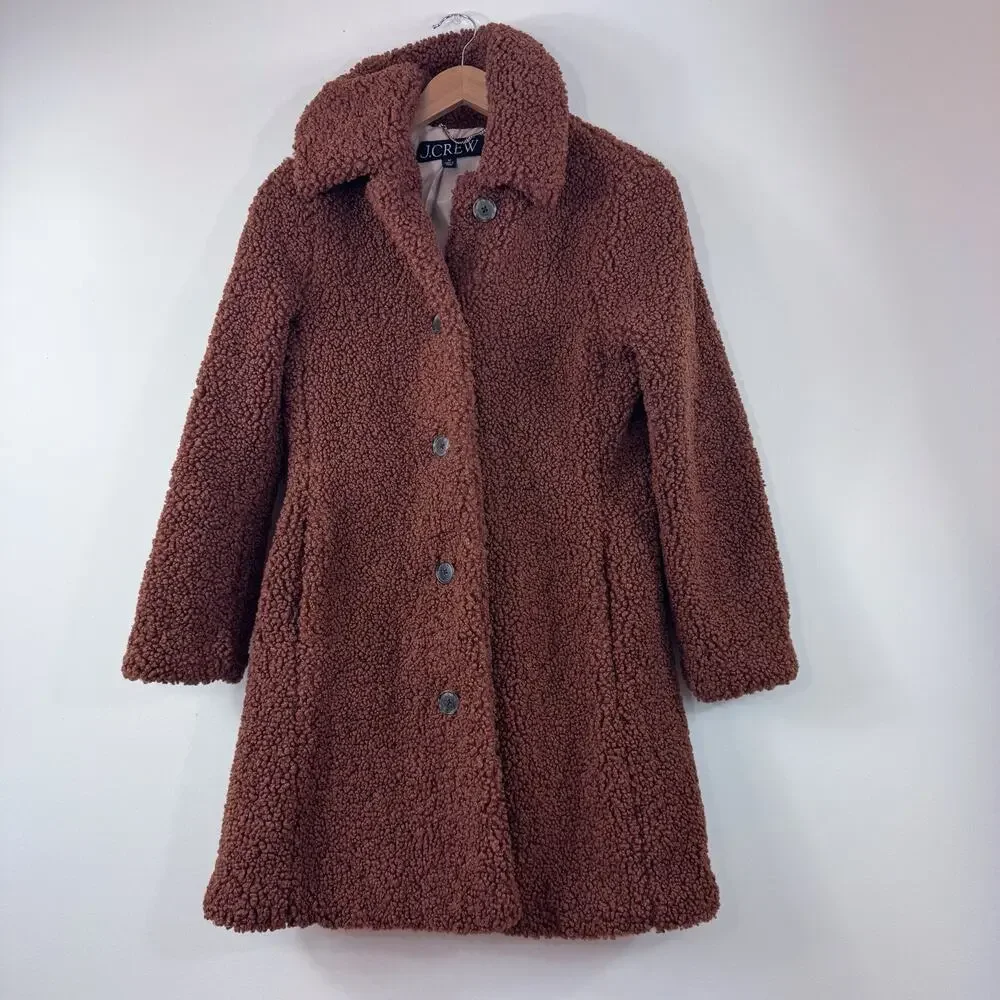 J.Crew Women’s Teddy Sherpa Coat Size SP Brown Tan Clay Winter Long Jacket